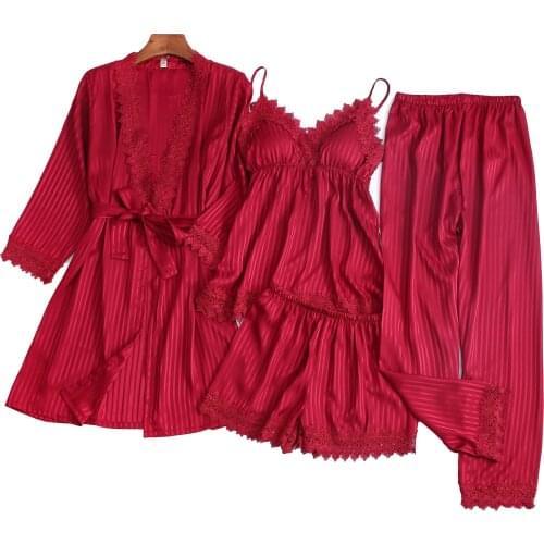 2021 Bath Robe Sets Sexy Homewear Spring and Summer Velor Pajamas Lovely Sleepwear Women Silk Lounge Wear 4-piece Set Lace Sleep