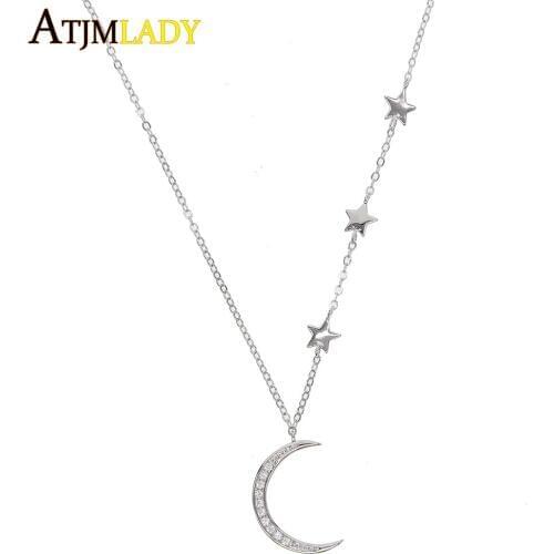 2021 Fashion silver color link Chain Star moon Charm Necklace White Cubic zirconia pendant cz Jewelry For Women