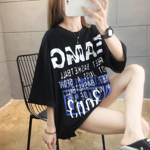 #2023 Big Size Long T Shirts Women Summer Letter Printing Loose Tee Shirt Female Black White Tops Girls Hip Hop Cotton Top Femme