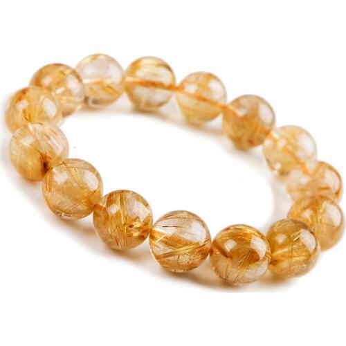 Genuine Natural Titanium Gold Rutilated Quartz Crystal Bracelets Women Men Powerful Big Round Bead Stretch Bracelet 15mm