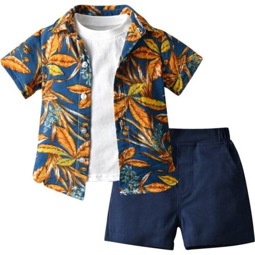 Childrens Hawaiian Suit 2021 Boys Fashion Short-sleeved Flower Shirt T Shirt Shorts 3PCS/Set Korean Summer Baby Girls Clothes