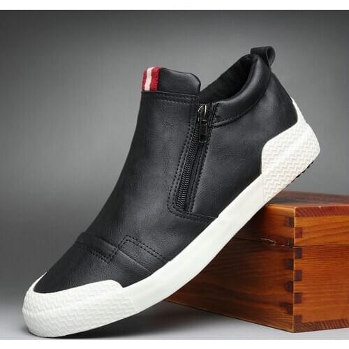 High Top High Quality Designer all Black Shoes Fashion Men Leather Casual Trend Lazy drive zipper Shoe Flats A31-21