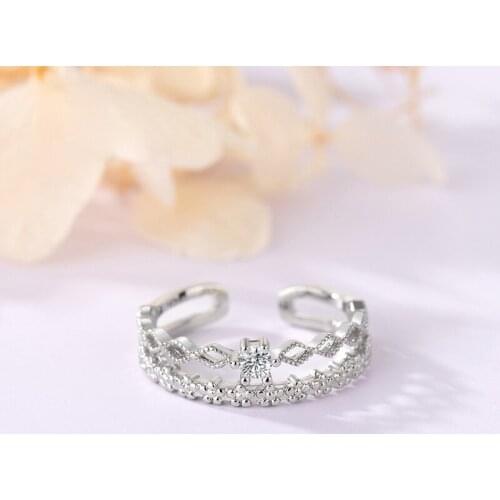 Refined Rhombus Carving Flower Double Layer Ring Trendy Fresh Girl CZ White Zircon Opening Ring Charm Bride Engagement Jewelry