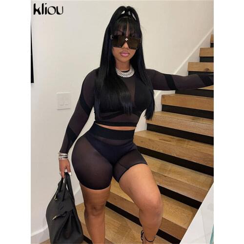 Kliou Mesh Sexy Two Piece Set Women See Through Striped Midnight Style Long Sleeve Top+Sheath Slim High Waist Clubwear Outfits