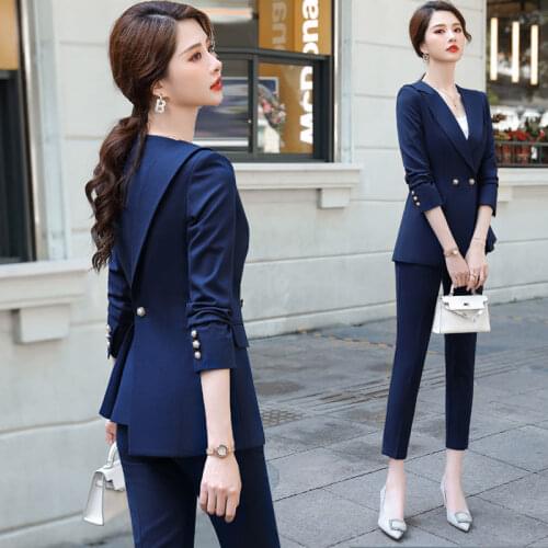 Womens Solid Color Business Formal Pants Suits For Women Office Ladies Double Breasted Blazer Pants Womens Work Pant Suits