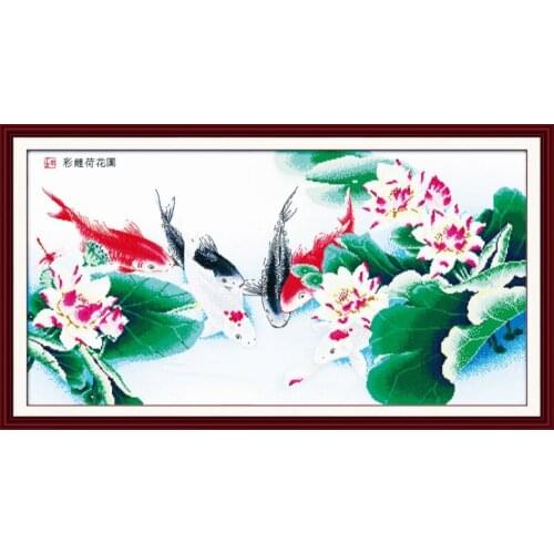 Colorful carps with lotus cross stitch kit 14ct 11ct stamped canvas cross stitching animal embroidery DIY handmade needlework