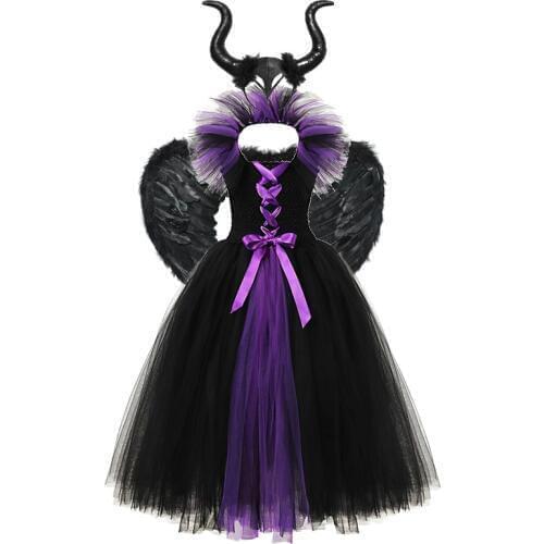 Maleficent wings Costume Girls Princess Tutu Dress Devil Halloween Costumes for Kids Evil Queen Children Cosplay Dresses