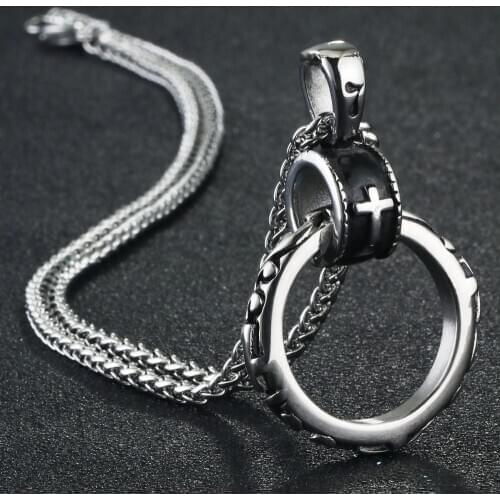 Male Stainless Steel Link Chain Round Circle Cross Pendant Necklace for Men Silver Color Statement Necklace Jewelry Gifts NC055