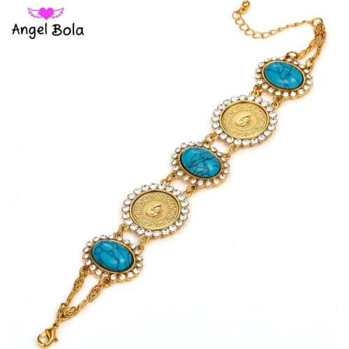 Men Gold Color Turkey Muslim Islam Bangle Arab Turks Jewelry Middle East African 21+5cm Crystal Allah Coin Bracelet for Women