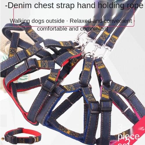 Dog Leash Harness Set with Collar Denim Collar Leash Set for Cats and Dogs Pechera Para Perro Dogs Accessoires