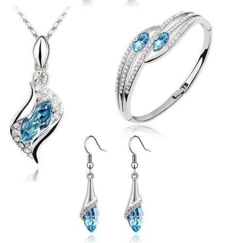 Cute Female Rainbow Crystal Jewelry Set Charm Silver Color Dangle Earrings For Women Boho Zircon Wedding Bracele Chain Necklace