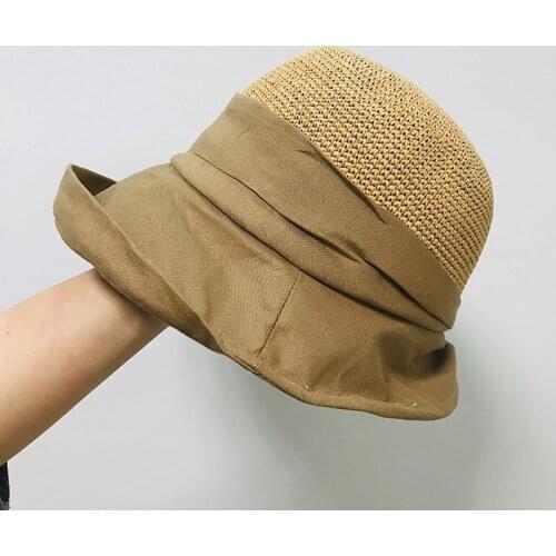2021 Japanese crochet linen stitching straw hat curling folding sunscreen beach Bucket Hats summer basin hat girl floppy hat