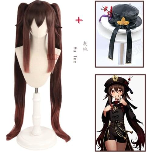 Game Genshin Impact Hutao Cosplay Wig Hat Anime Heat-resistant Fiber Hair + Free Wig Cap Chinese Style Halloween Party Women