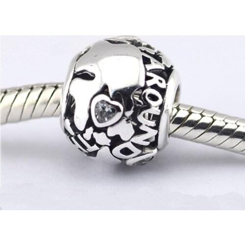 Fits Pandora Bracelet Around the World Charm 925 Sterling Silver Clear CZ Beads DIY Jewelry Making for Women Berloque