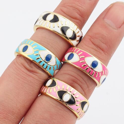 Drop Shipping Gold Color Pink Enamel Turkish Evil Eye Women Finger Band Ring Boho Bohemia Fashion Lucky Jewelry