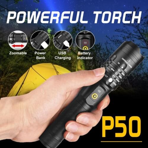Flashlight P50 Strong Light Telescopic Zoom Aluminum Alloy USB Charging Input Output Torch For Camping Fishing Flashlight