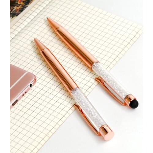 Rose Gold Clear Crystal Ballpoint Pen Black Ink 0.7mm Flat Head Touch Screen Stylus Crystal Pens 1pc School Office Supplies