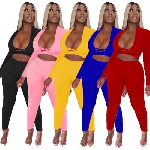 Sports wear Fitness Solid Pants Suits 2 Piece Outfirts Casual Cross Deep V Neck Long Sleeve Crop Top + Leggings Two Piece Set