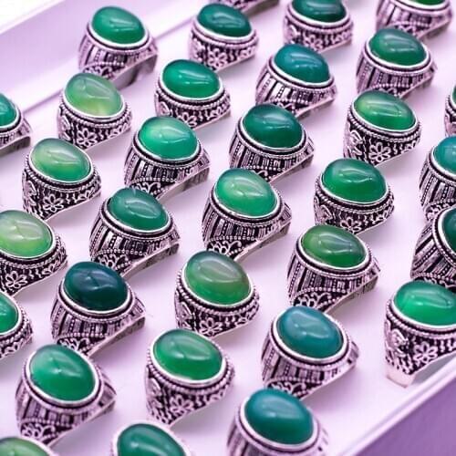 20pcs/lot vintage green natural stone rings for men and women 2018 new fashion cheap jewelry