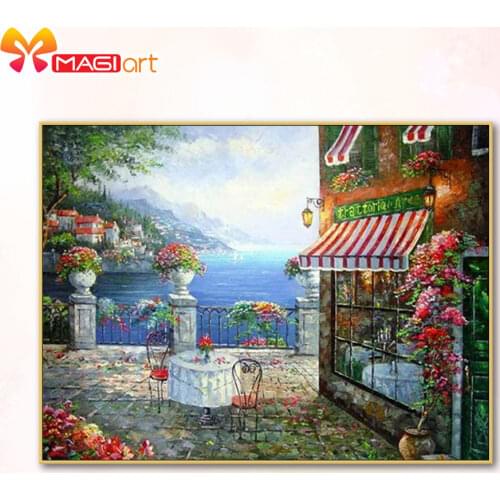 Cross stitch kits Embroidery needlework sets 11CT water soluble canvas patterns 14CT Seaside scenery Seaside restaurant-NCMS096
