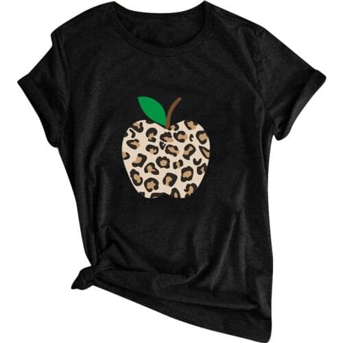 Womens Leopard Apple Print Top T-shirt Xmas Short Sleeve T Shirt Top O Neck Loose Casual Tshirt Camiseta Mujer Verano #P3