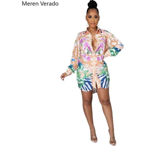 Meren Verado Spring Autumn Fashion Elegant Single-Breasted Turn-down Collar Flower Print Irregularity Lady Shirt Mini Dresses