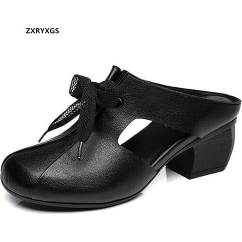 2021 New Round Toe Hollow Genuine Leather Slippers Summer Women Sandals Thick with High Heel Slippers Black Brown Trendy Shoes