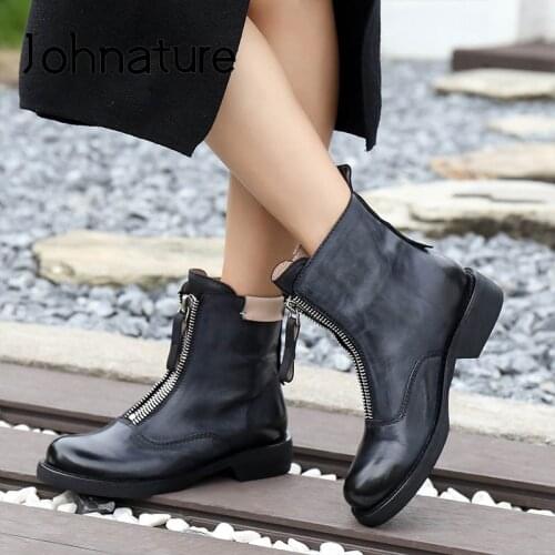 Johnature Genuine Leather Shoes Women Boots 2021 New Zip Handmade Concise Fashion Sewing Round Toe Leisure Casual Platform Boots