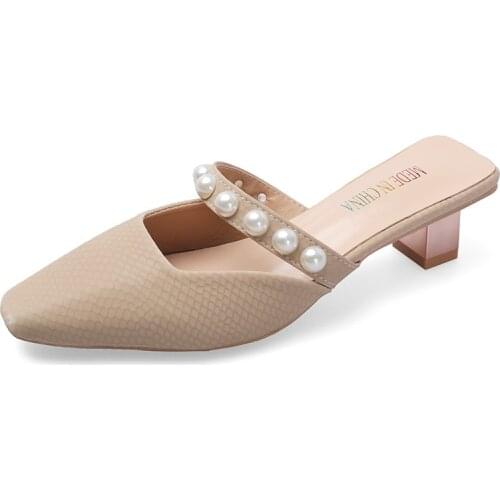 New Korean Med Square Heels 5CM Half Slippers Piel Mules Mujer Con Perlas Femme Feminino Pearl Ladies Chaussure Backless Shoes