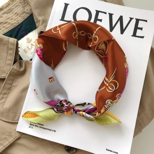 Luna&Dolphin Women Small Square Scarves 53x53 100% Real Silk Yellow Chain Belt Bandanas Headbands Scarf Kerchief Hijab Scarf