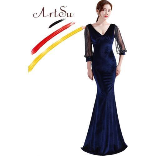 ArtSu Red Green Black Vintage Women Floor-Length Maxi Party Velvet Dress Crystal Beading Winter Robe De Soiree Mermaid Prom Gown