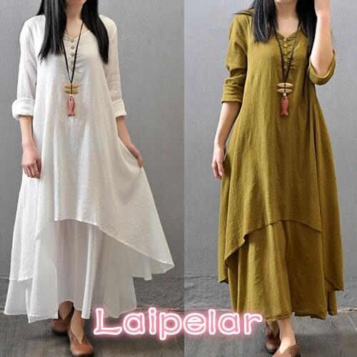 Spring Summer Women Long Cotton Linen Dress White Plus Size False Two Pieces O-Neck Maxi Dresses Office Casual Loose Dress