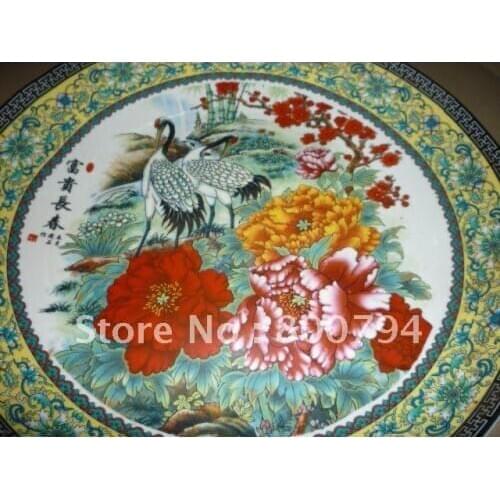 34cm(d) Rare Qing Dynasty porcelain plate crane"Wealth and longevity",Free shipping