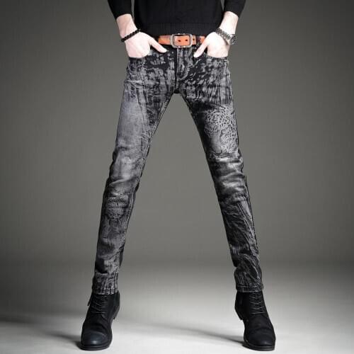 Free Shipping New mens male trousers denim pants Jeans Tide brand ink-printed skinny jeans Korean casual trousers autumn winter