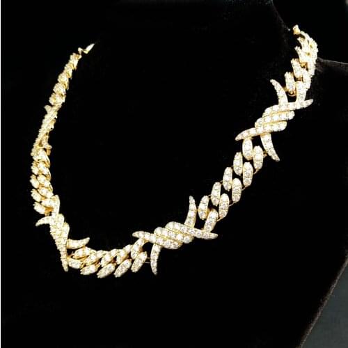 12MM 18K Gold Plated Iced Out Barb Wire Cuban Link Chain