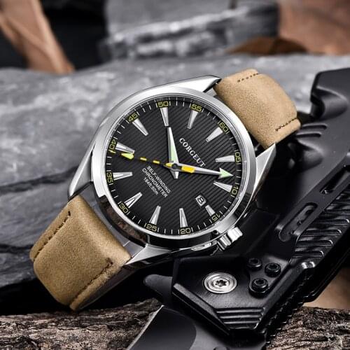 Corgeut 41mm Men Clock Luxury Brand Leather Calendar Automatic Relogio Masculino Black Dial Sapphire Glass Mens Watch