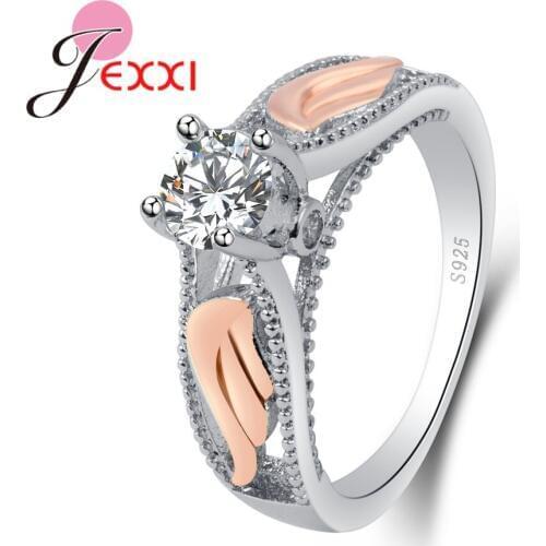 925 Sterling Silver Rings with Clear Zircons Cute Angle Wings Shaped Design Women Girls Wedding Engagement Lovely Rings