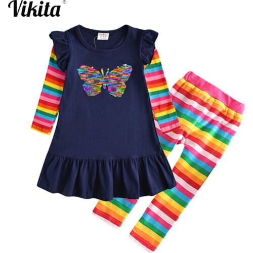 VIKITA Children Clothing Sets Girls Butterfly Sequins Cotton Dress and Striped Pants Girls Autumn Spring Long Sleeve Outfits