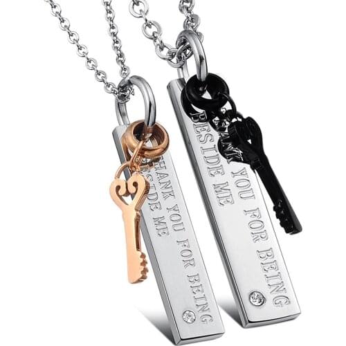 Hot Luxury 316L Stainless Steel CZ Black Rose Gold Color Geometric Letters Key Shape Couple Pendant Necklace Anniversary Jewelry