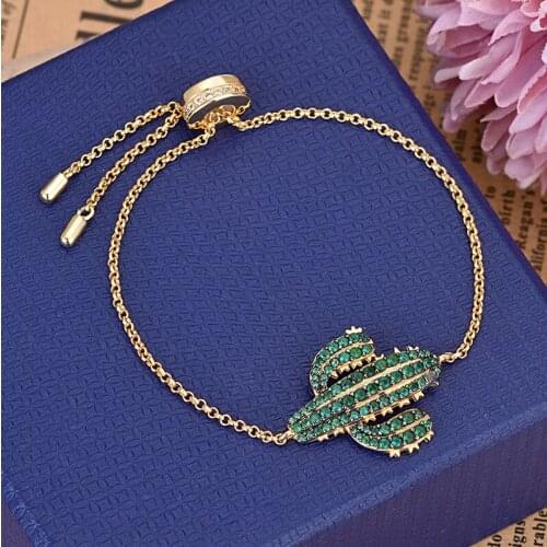 Fashion Summer Bracelet Gold Color Crystal Green Cactus Creative Design Adjust Pulsera Mujer Zk30