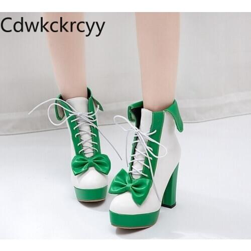 Winter The New fashion Round head Thick heel short Boots sweet Bow Plus cashmere Keep warm High heel Women boots plush size34-48