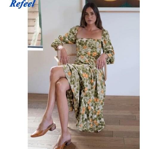 France Chiffon Vestido Vintage Lemon Fruit Print Green Ruffles Dress Fashion Long Sleeve Women Midi Dress