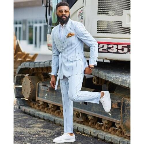 Beach Wedding Tuxedos Pinstripe Mens Slim Fit Two Pieces Wedding Suits Mens Prom Party Outfit (Jacket+Pants)