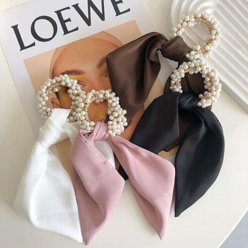 Pearl Streamer Hair Rope Fashion Accessories Women Solid Color High Elastic Beaded Bow Hair Ring Rubber Band Ribbon Tie Headwear