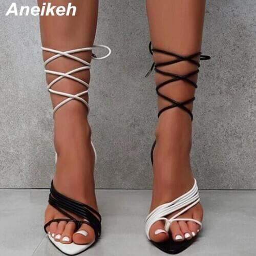 Aneikeh Summer Women Shoes Sandals Ankle Strap PU Sexy Cross-Tied Thin Heels Lace-Up Color Matchin Dress Black Pointed Toe 35~42