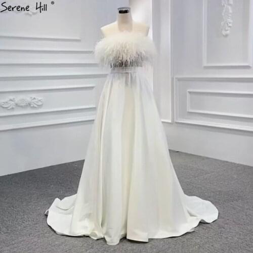 Serene Hill Ivory A-Line Satin Off Shoulder Evening Dress 2020 Feathers Beading Sleeveless Sexy Formal Party Wear Gown CHA2381
