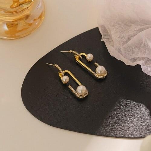 White Pearl Earrings Inlaid Rhinestone Dangler Rectangular Golden Eardrop Women Fashion Drop Earrings Girl Gift For Friends