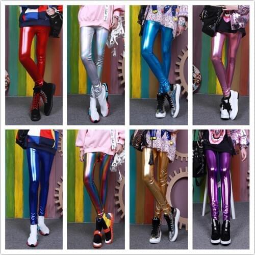 Timis Li Ladies Silver Metallic Shiny Laser Leather Leggings Women Candy Colors Leggings