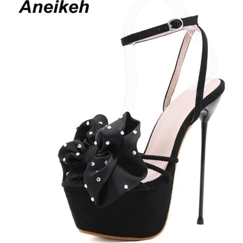 Aneikeh Sweet Fashion Butterfly-Knot Buckle Platform Thin High Heels Shoes Bling Flower 34-35 Black Womens Sandals 2021 Summer
