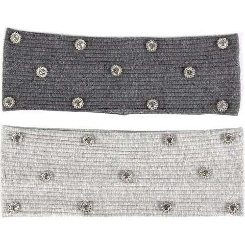 Ribbed Solid Color Elastic Vintage Flat Headband For Women Fashion New Knitting Cotton Hair Accessories With Rhinestone Peal